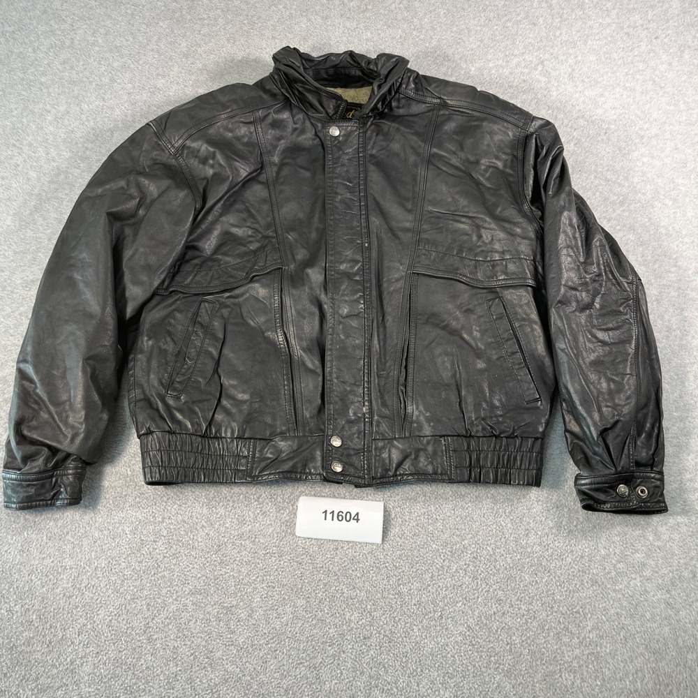 Reed Sportswear Mens Black Leather Bomber Jacket Map Lining 42 Vintage Style